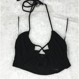 BY DYLN Womens Silo Crop Top Black Ribbed Crossover Halter Spaghetti Strap L New